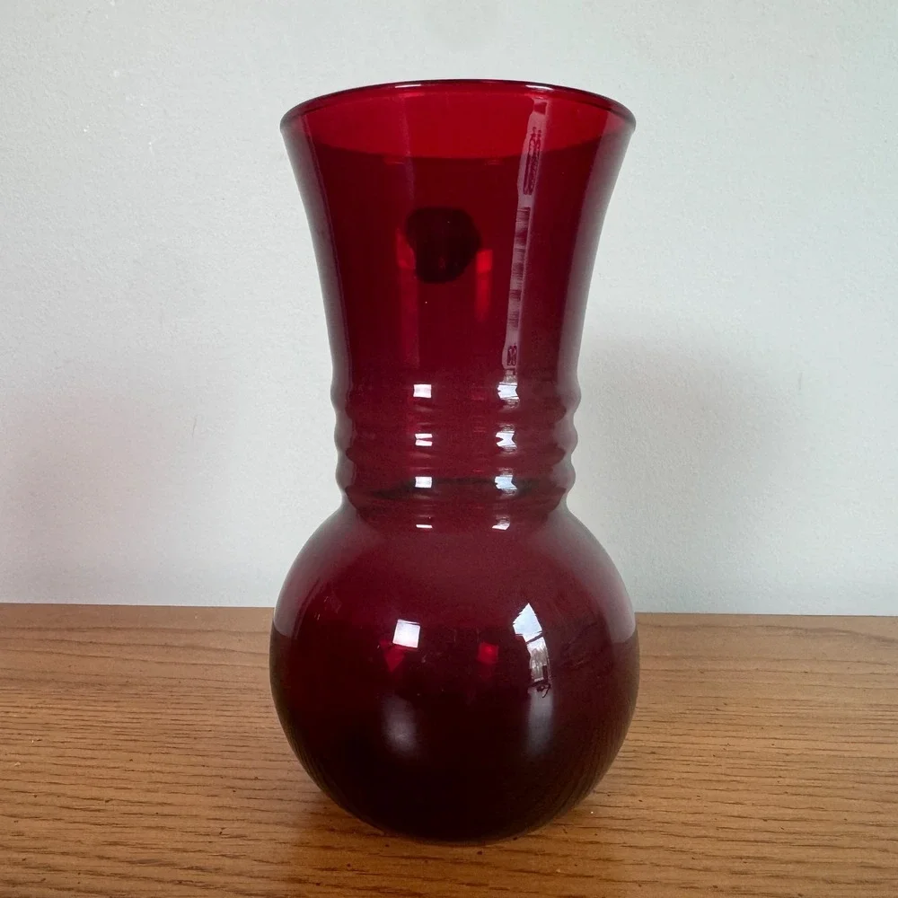 Anchor Hocking Royal Ruby Red Glass Vase Ringed Neck‎ Vintage MCM